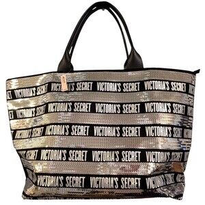 Victoria’s Secret Black Weekender Silver Sequin  Bling Tote Bag Large 22x13 NWT